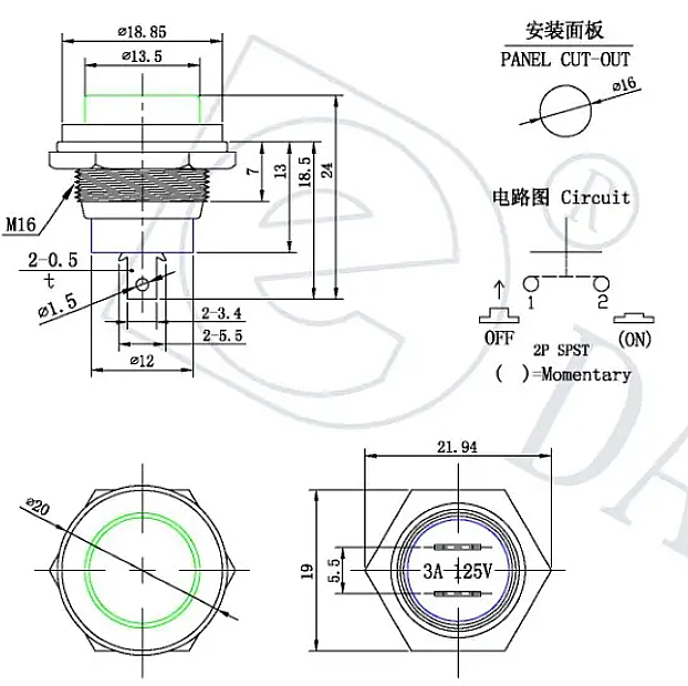 16mm Metal Basmalı Buton Siyah - 2