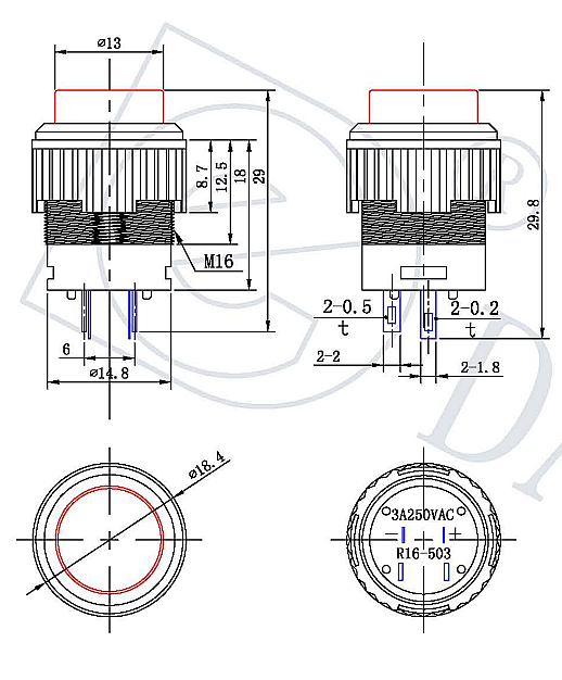 16mm Plastic LED Anlık Basmalı Buton Kırmızı - 2