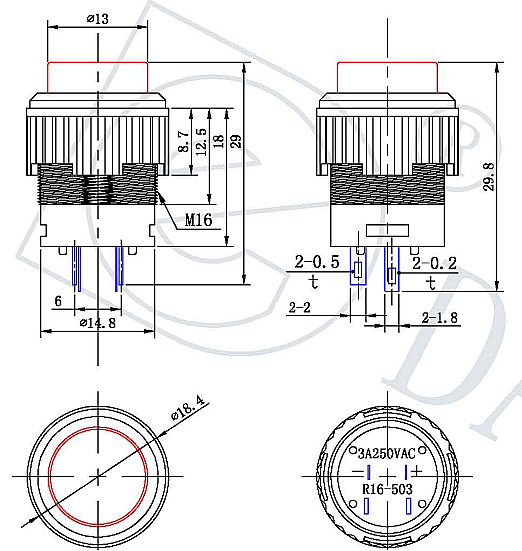 16mm Plastic LED Kalıcı Basmalı Buton Kırmızı ON-OFF - 2