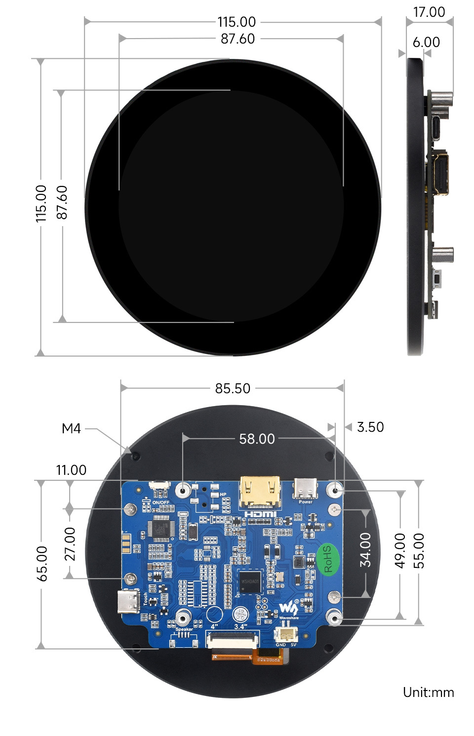 3.4 inch Round Touch Screen - 800x800 IPS