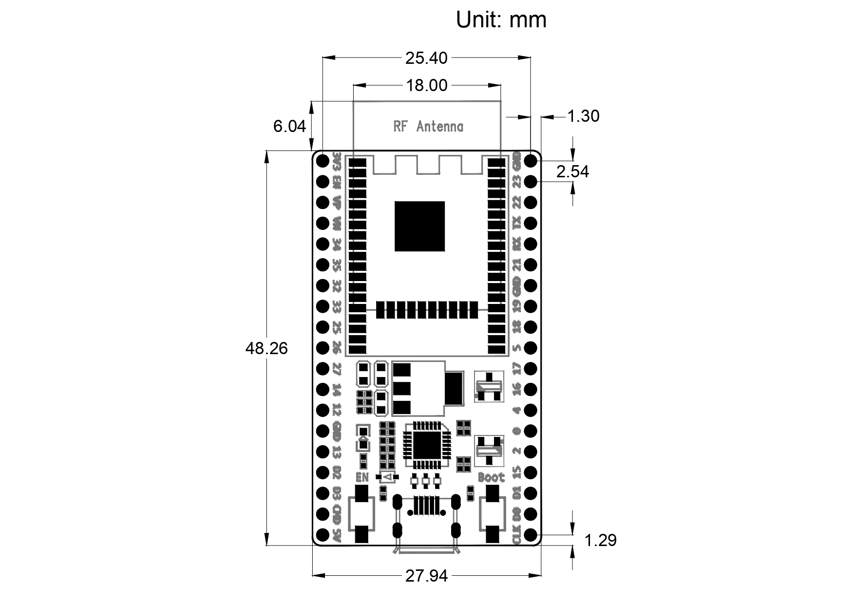 ESP32 WROOM-32D DEVKIT V4 boyutları
