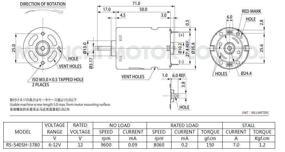 mabuchi rs-540Sh-3780 redüktörsüz dc motor boyutları