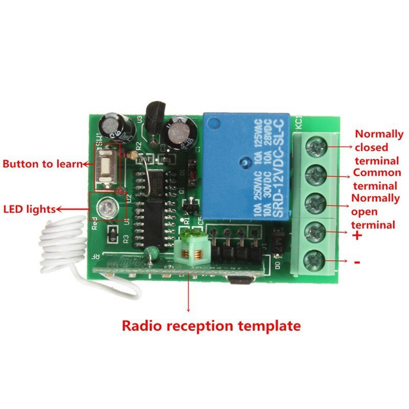 1 kanal 433 mhz kablosuz rf alıcılı röle kartı bileşenleri