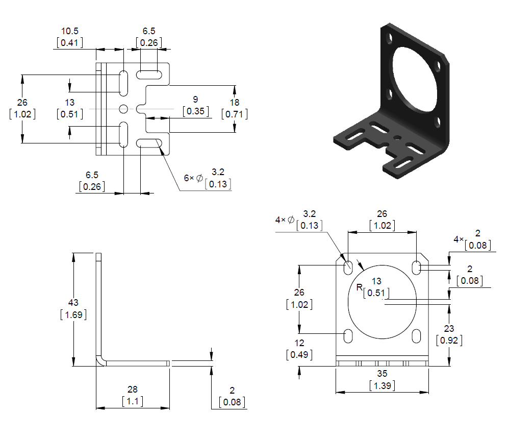aluminyum l tipi nema 14 step motor tutucu - pl-2257 boyutları