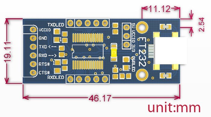 ft232 usb uart fönüştürücü/programlayıcı boyutları
