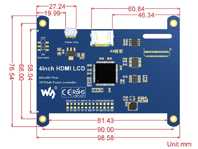 4 inç HDMI Rezistif Dokunmatik IPS Ekran Boyutları