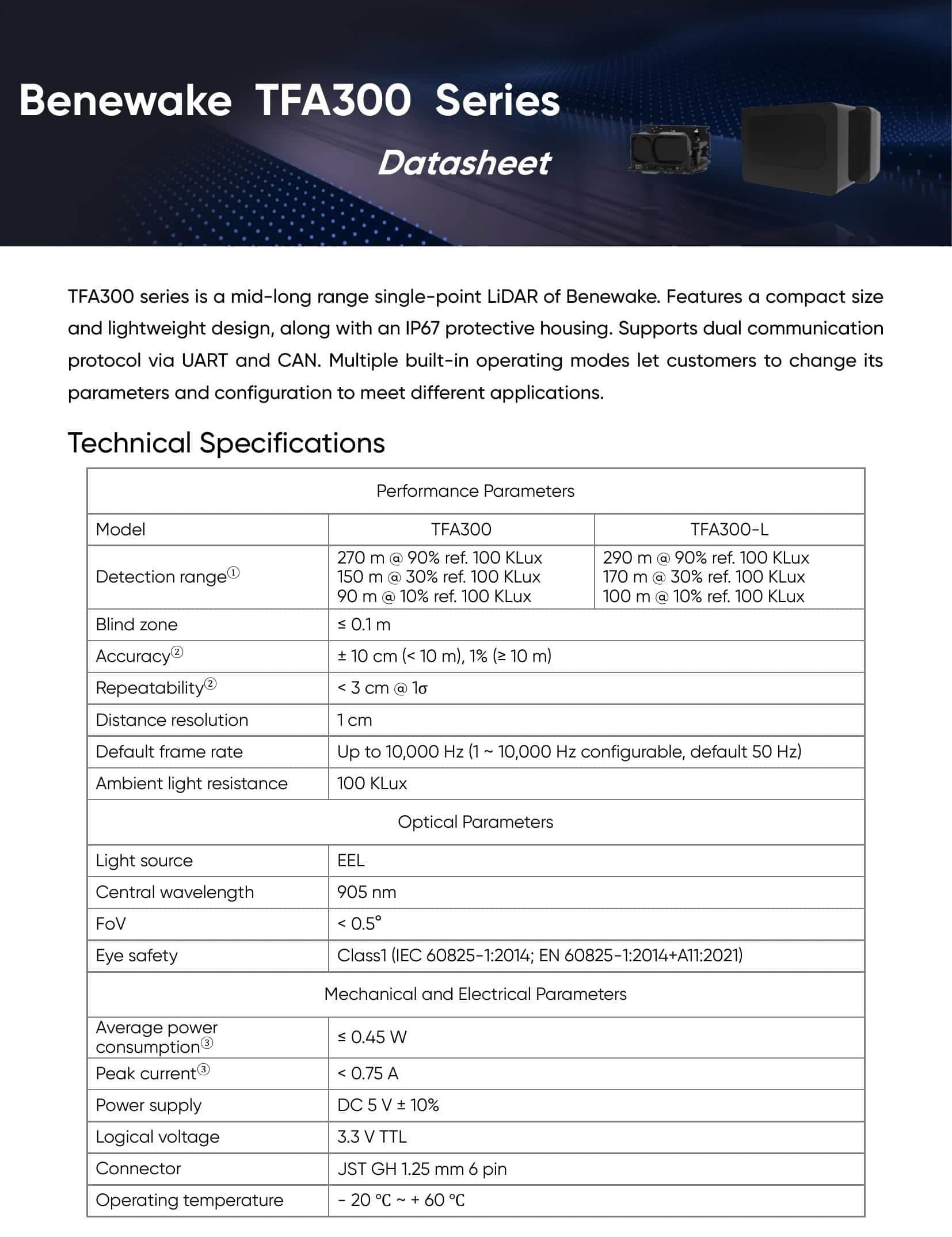 Benewake TFA300 Lidar Sensörü