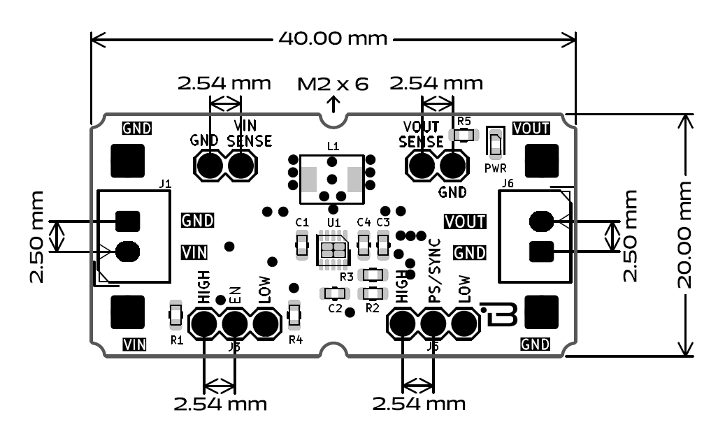 Boardoza TPS63030 Buck to Boost Converter Board Dimensions
