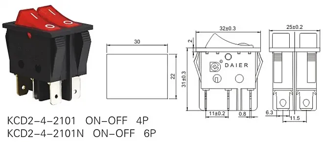 KCD2 Çiftli Işıklı Anahtar Kırmızı 220V - 2