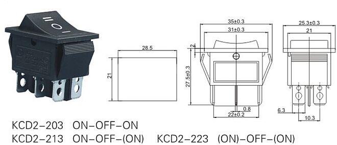 KCD4 Geniş Işıksız Anahtar ON-OFF-ON Siyah - 2