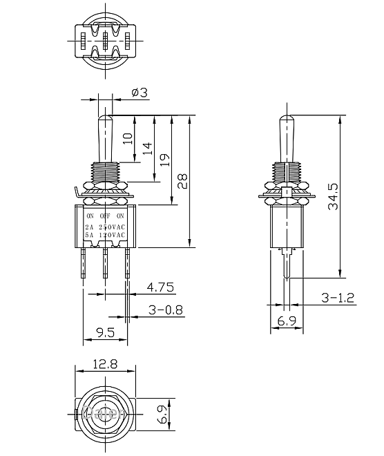 Mini Toggle Anahtar MTS-103 SPDT ON-OFF-ON 3P (A Kalite) - 4