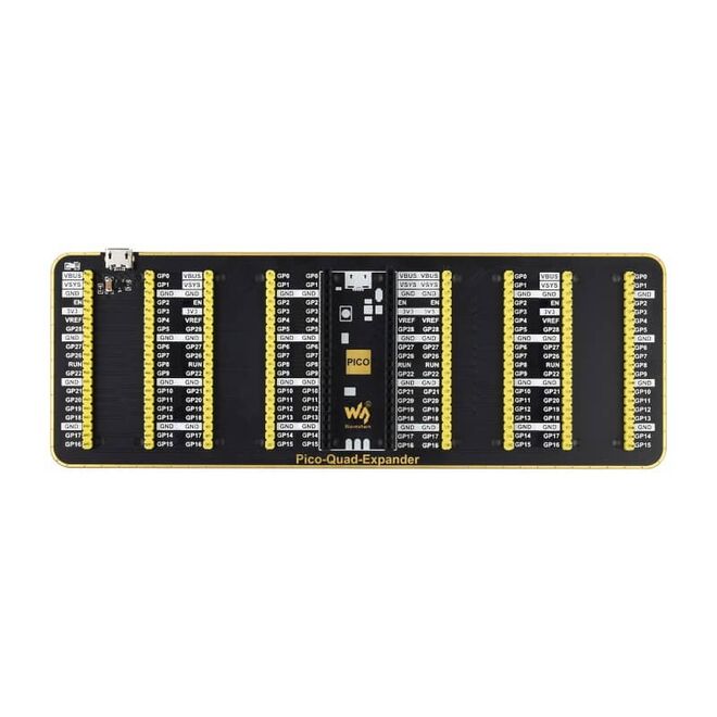 Quad GPIO Expander for Raspberry Pi Pico - Four Sets of Male Headers - USB Power Connector - 4